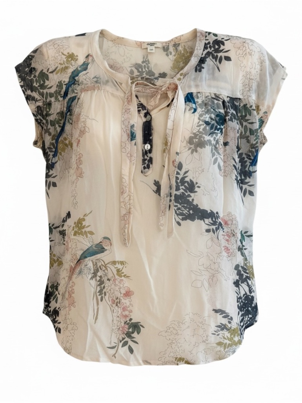 Dylan Botanical Bird Blouse Women’s S Peasant w/Cap Sleeves Deep V Neck w/Ties